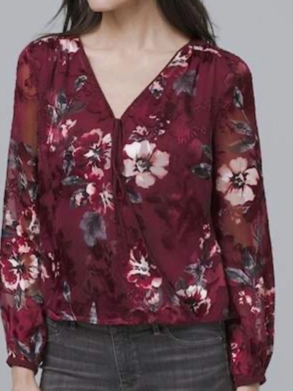 White House Black Market Womens Velvet Burnout Dark Floral Wrap Blouse Sz 6